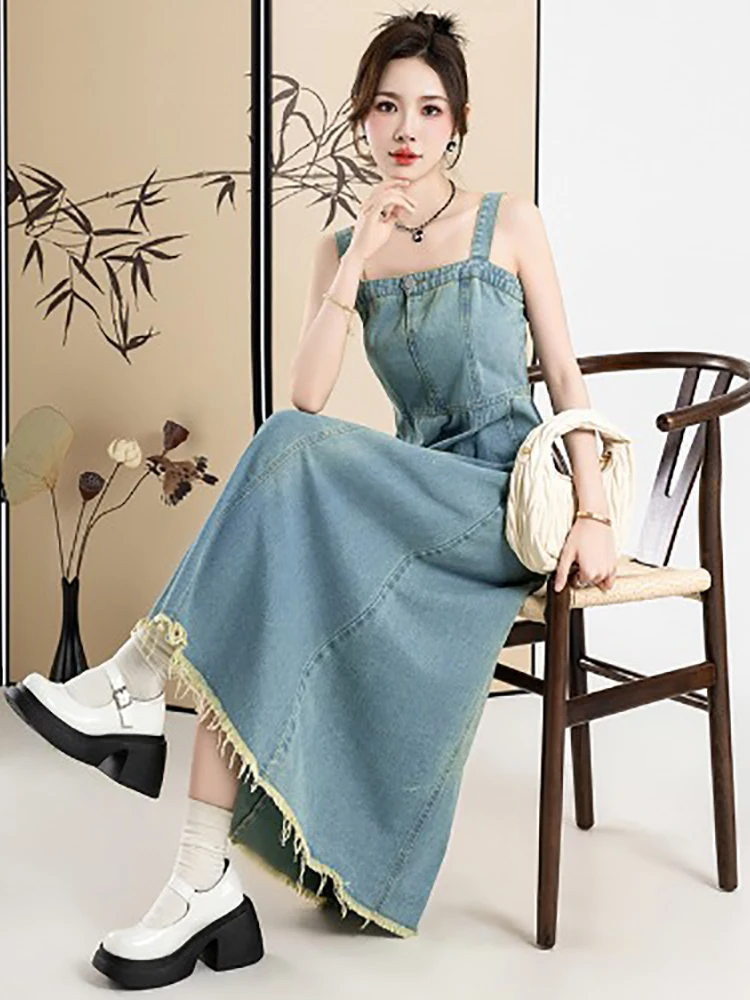 

Spaghetti Strap Women's Denim Dress Summer Raw Edge Slim Fit Slip Dresses Korean Fashion Sweet Seeveless A-line Long Dress