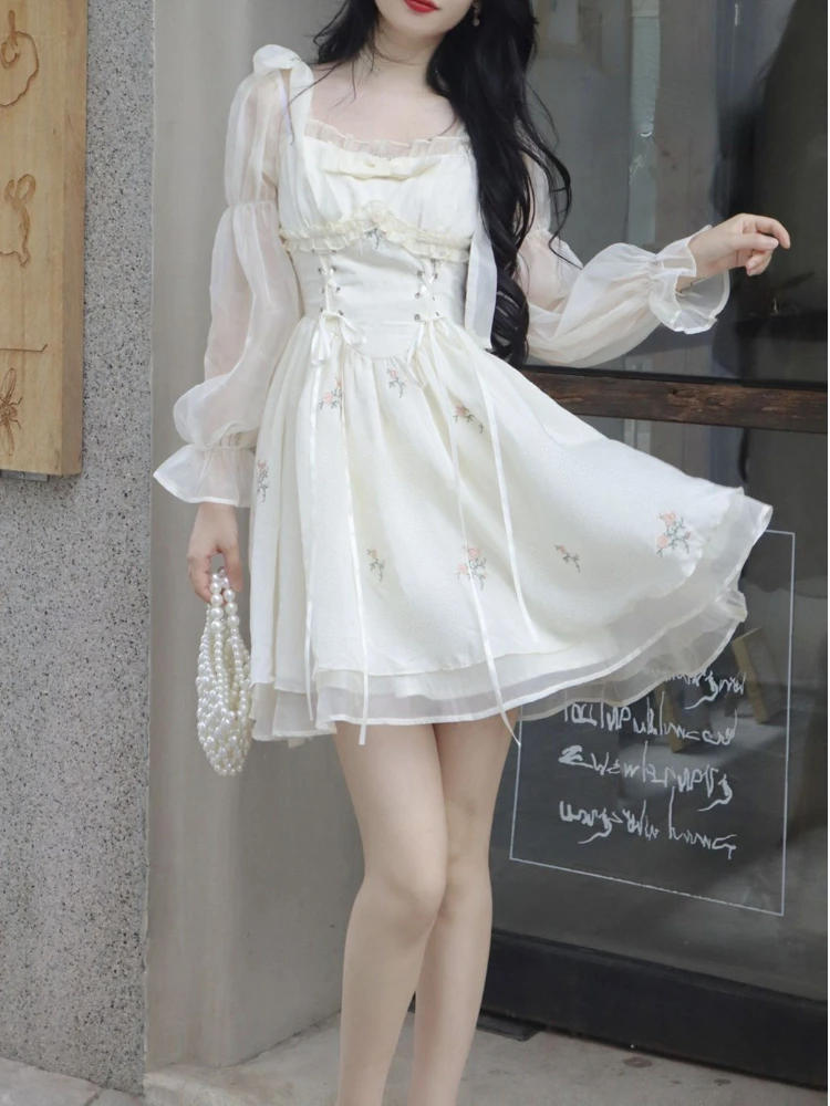 

Kawaii Y2k Mini Dress Women Causal Long Sleeve Elegant Party Dress Korean Fashion Slim Floral Dress Female Fairy 2023 Summer