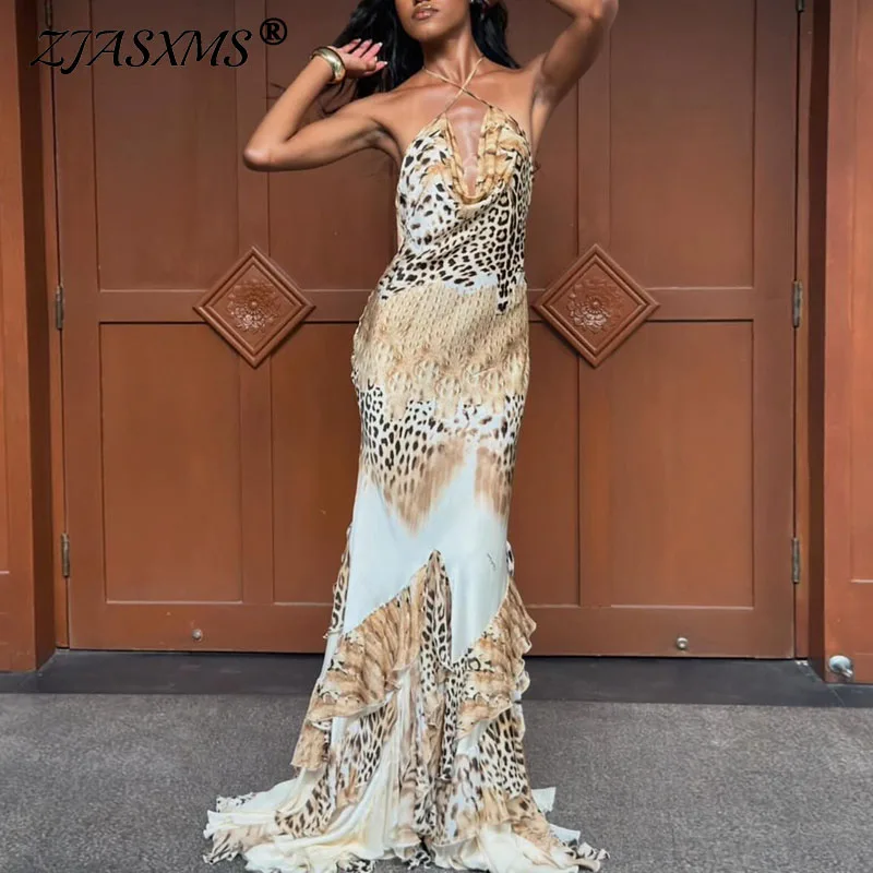 Damen-Maxikleid mit Leopardenmuster, Neckholder, Meerjungfrauen-Stil, ärmellos, rückenfrei, Rüschensaum, bodenlang, elegantes Abendkleid, Partykleid, Nachtkleid