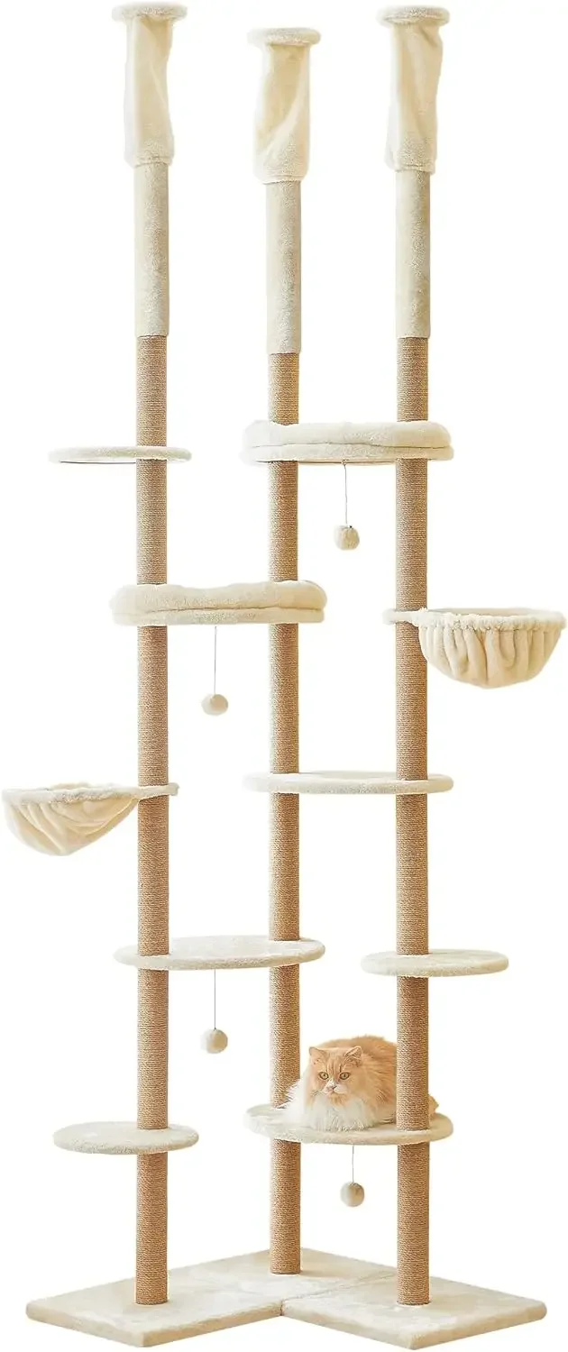 

Tall Floor To Ceiling Cat Tree Adjustable Height Cat Climbing Tower With Sisal Scratching Posts Platforms Hammocks