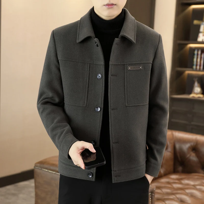 Winter Autumne Men Lambswool Blend Jacket Thick Thermal Fleece Lining Coats Turn Down Collar  Grey Khaki Tangerine Sizes 170-190