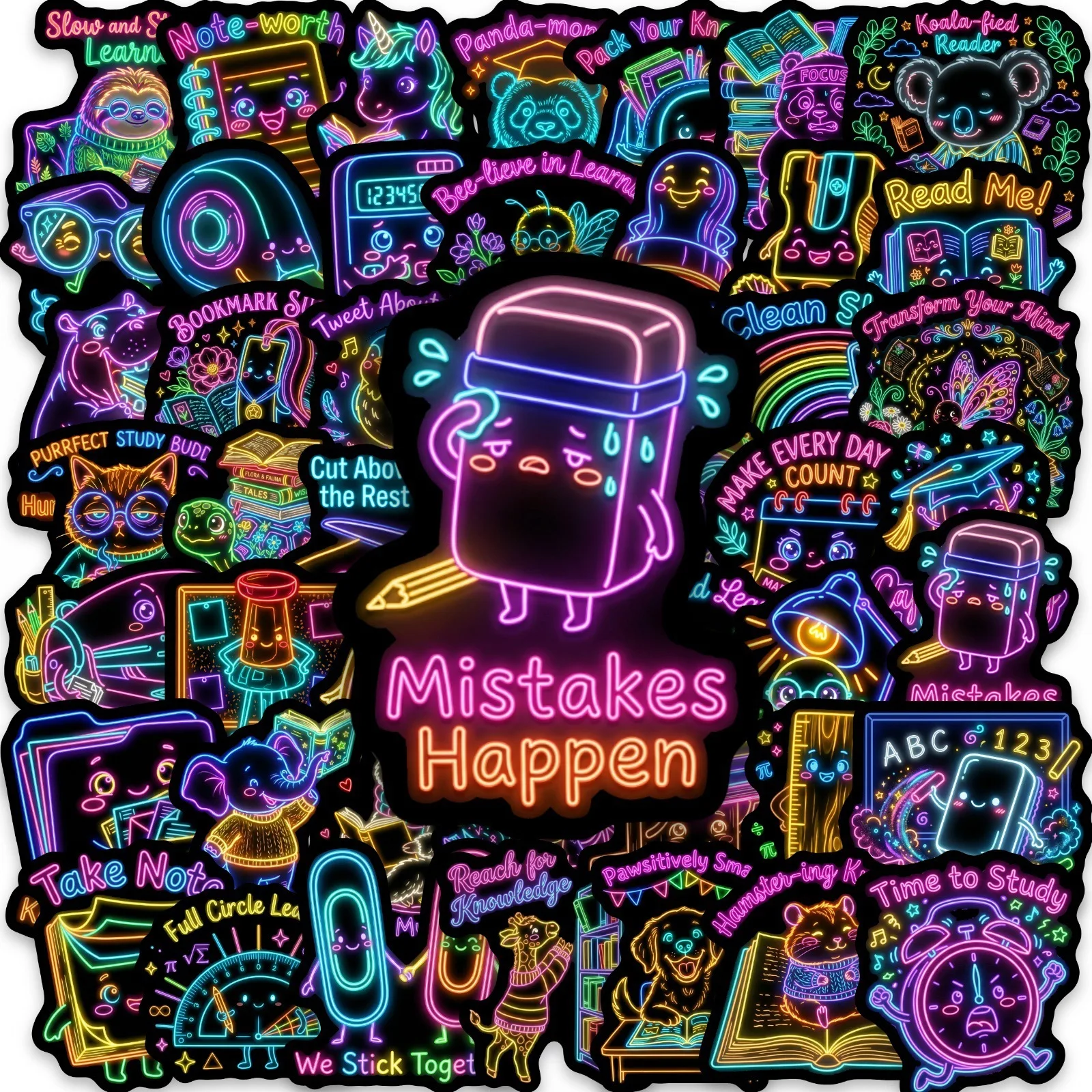 New 50pcs Neon Anthropomorphic Study Theme Stickers, Cartoon Stationery Cute Pet Student Journal PP Stickers Wholesale