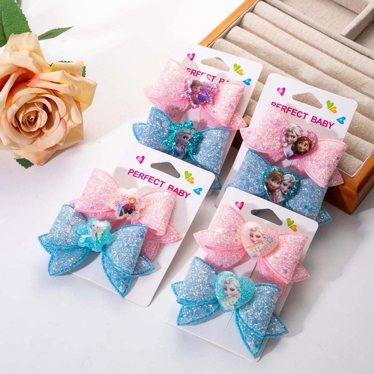 2pcs Disney Anime Frozen Hair Clip Cute Cartoon Children Bow Hair Accessories Sweet Girls Snow Princess Shiny Kawaii Headdress