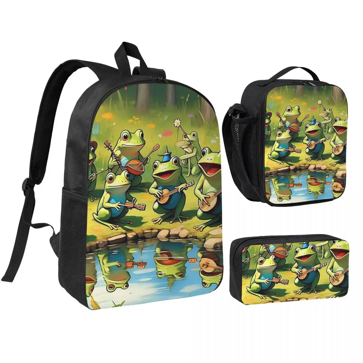 Cartoon Frog Joyful Singing Backpack Student BookBag School Bag Shoulder Bags 3ps Insulated Lunch Bag Pencil Case