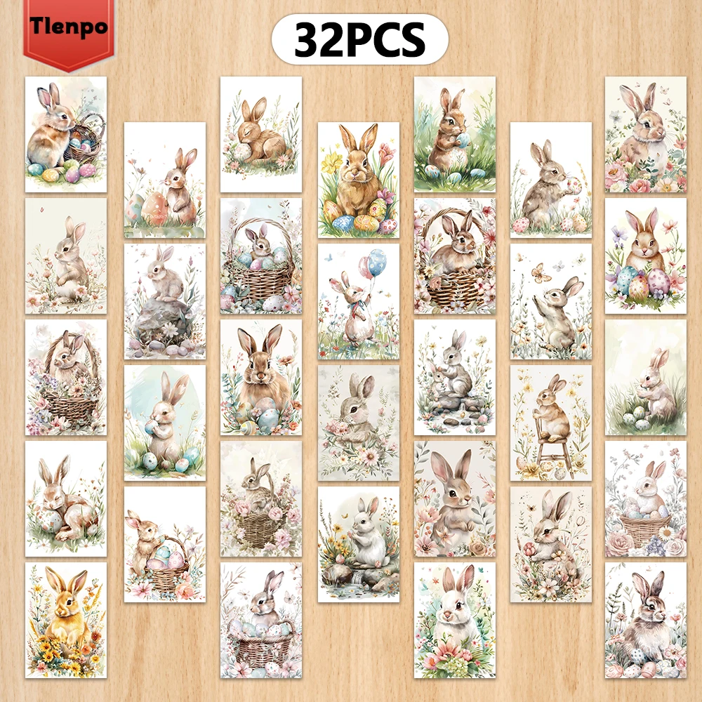 32pcs, vintage Easter postcards, bunnies, indoor bedroom decor, wall stickers, message cards, mailing, congratulatory keepsakes