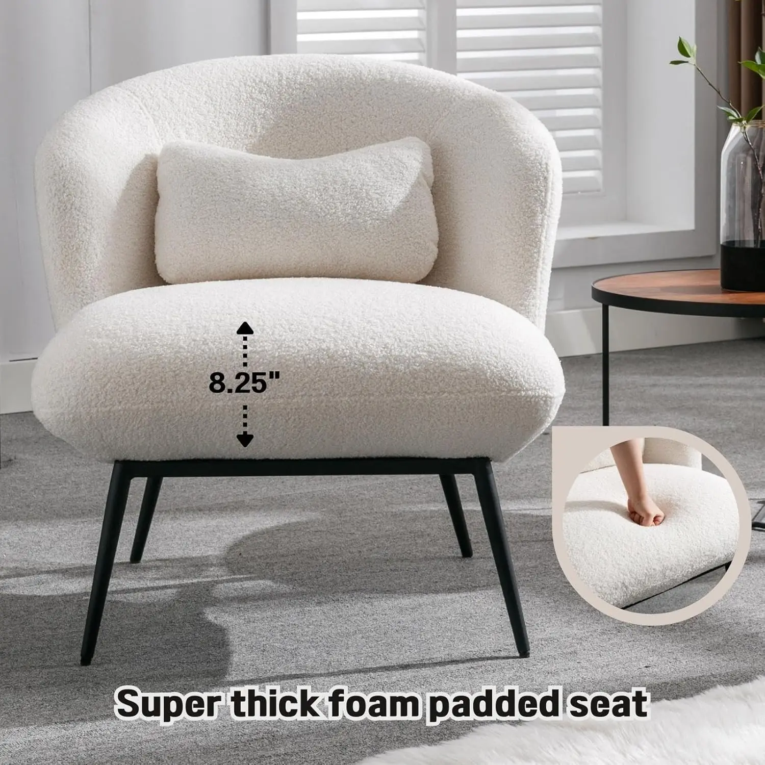 Boucle Single Sofa Chair Lounge Chair with Lumbar Pillow Metal Legs Slipper Chair for Living Room Bedroom Office, White