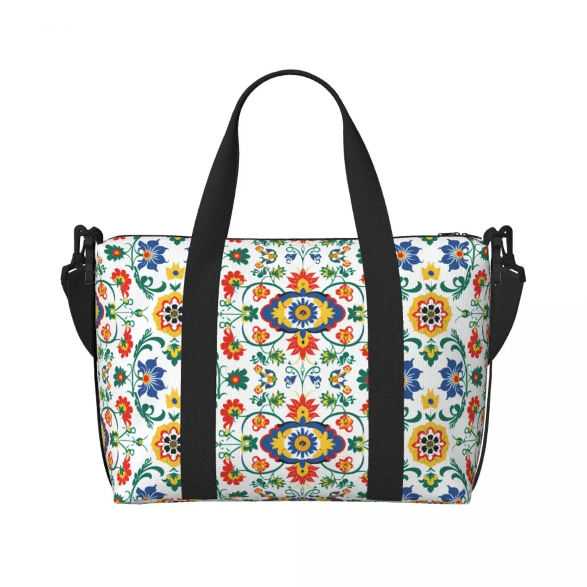

Custom Vibrant Folk Spring Flowers Pattern Tote Bag for Women Large Capacity Gym Beach Travel Bags