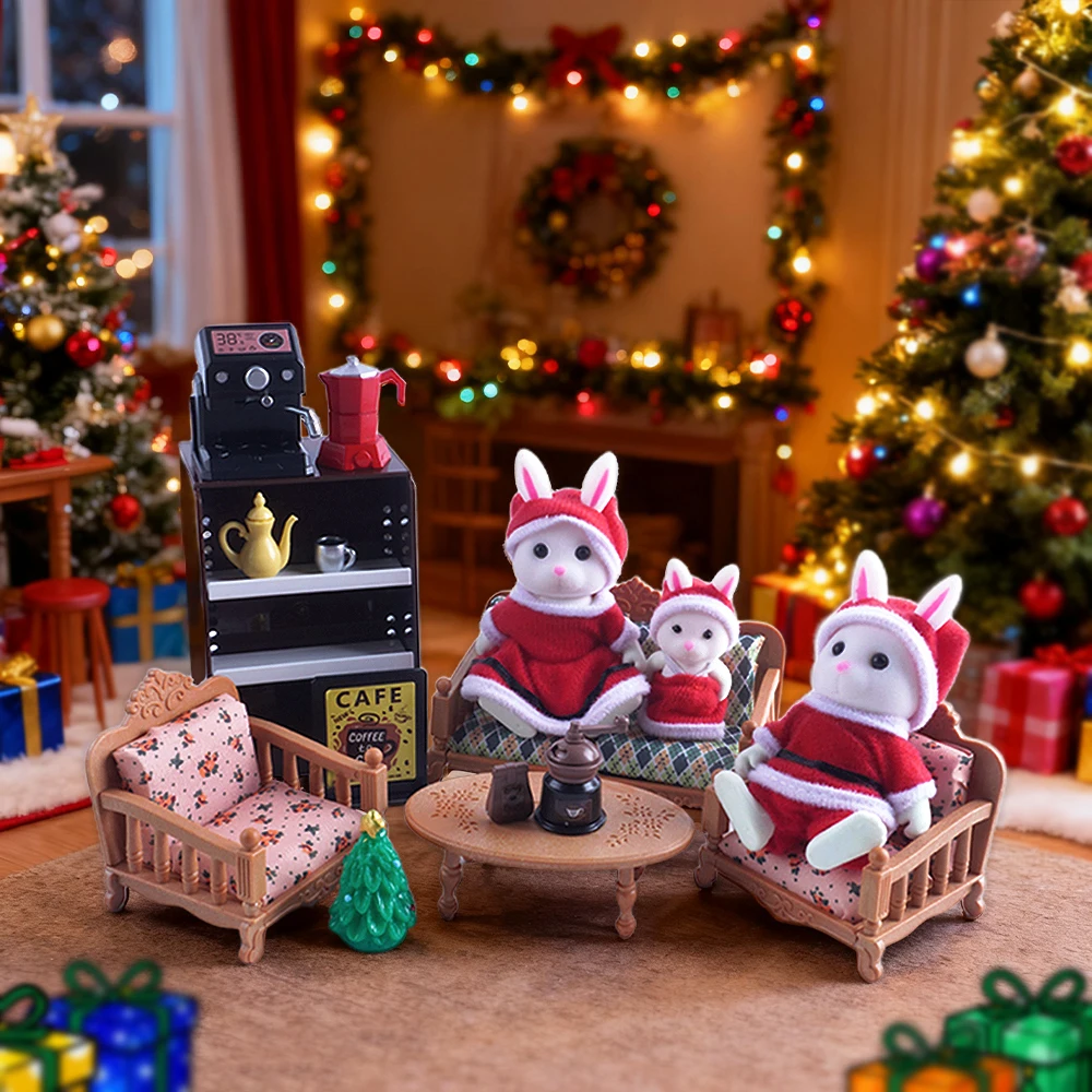 Miniaturmöbel Montage Kaninchen Familie Weihnachten Wohnzimmer Set Kaffeemaschine Sofa Tisch 1:12 Modell Weihnachtsgeschenk