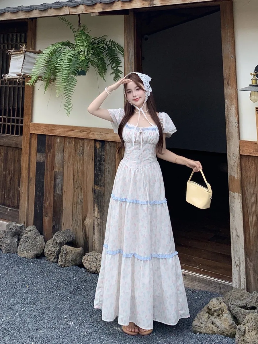 

plus Size Floral Print Puff Sleeve Dress Women's Summer Slimming Waist Design Long Belted Gown Soft Gentle Style Korean Commute