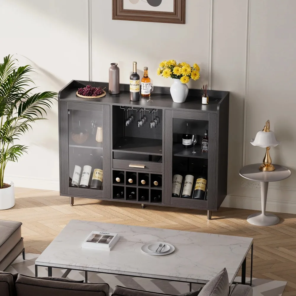 Wine Bar Cabinet Buffet Sideboard Cabinet with Wine Rack, Power Outlets, LED Light, Black