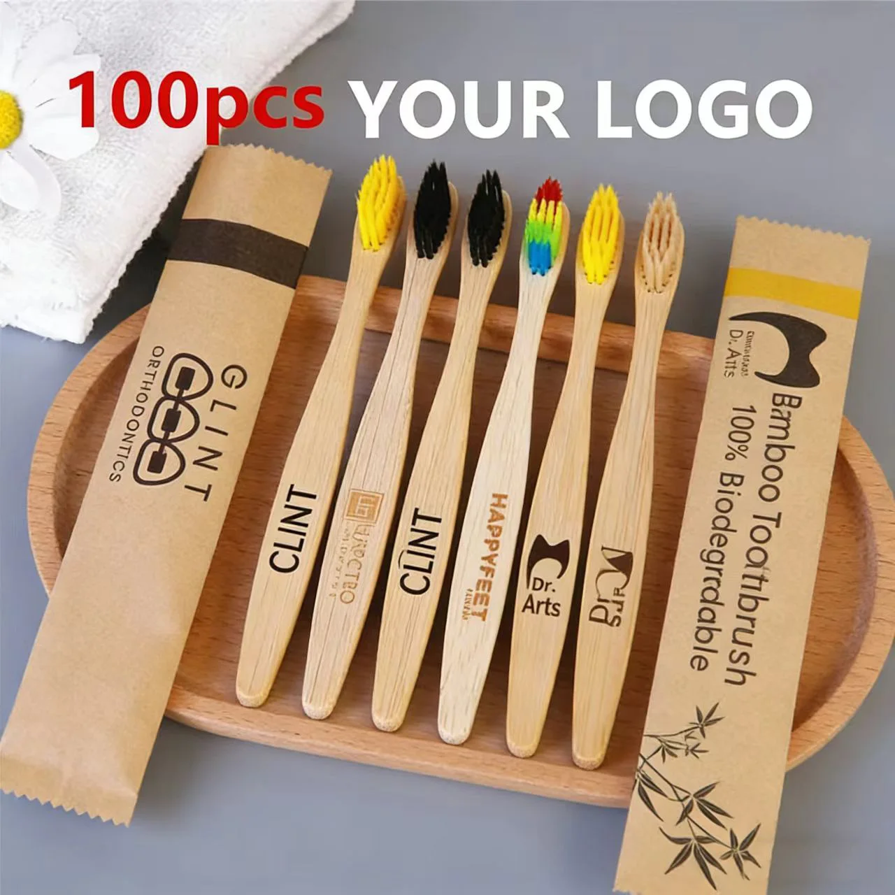 100Pcs Customized Laser Engraving LOGO Bamboo Toothbrushes Portable Eco Friendly Adults Wooden Tooth Brush Hotel Supply Product