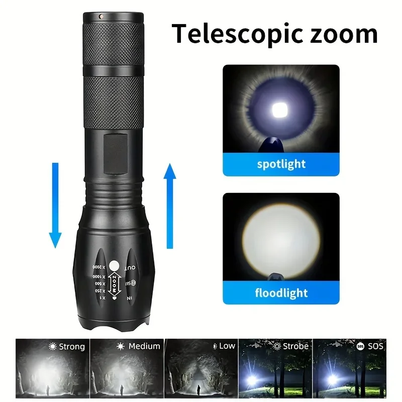 High Power LED Tactical Flashlight 5-Mode Light Zoom Waterproof Portable Torch for Camping Hiking Outdoor Hunting Aluminum Alloy