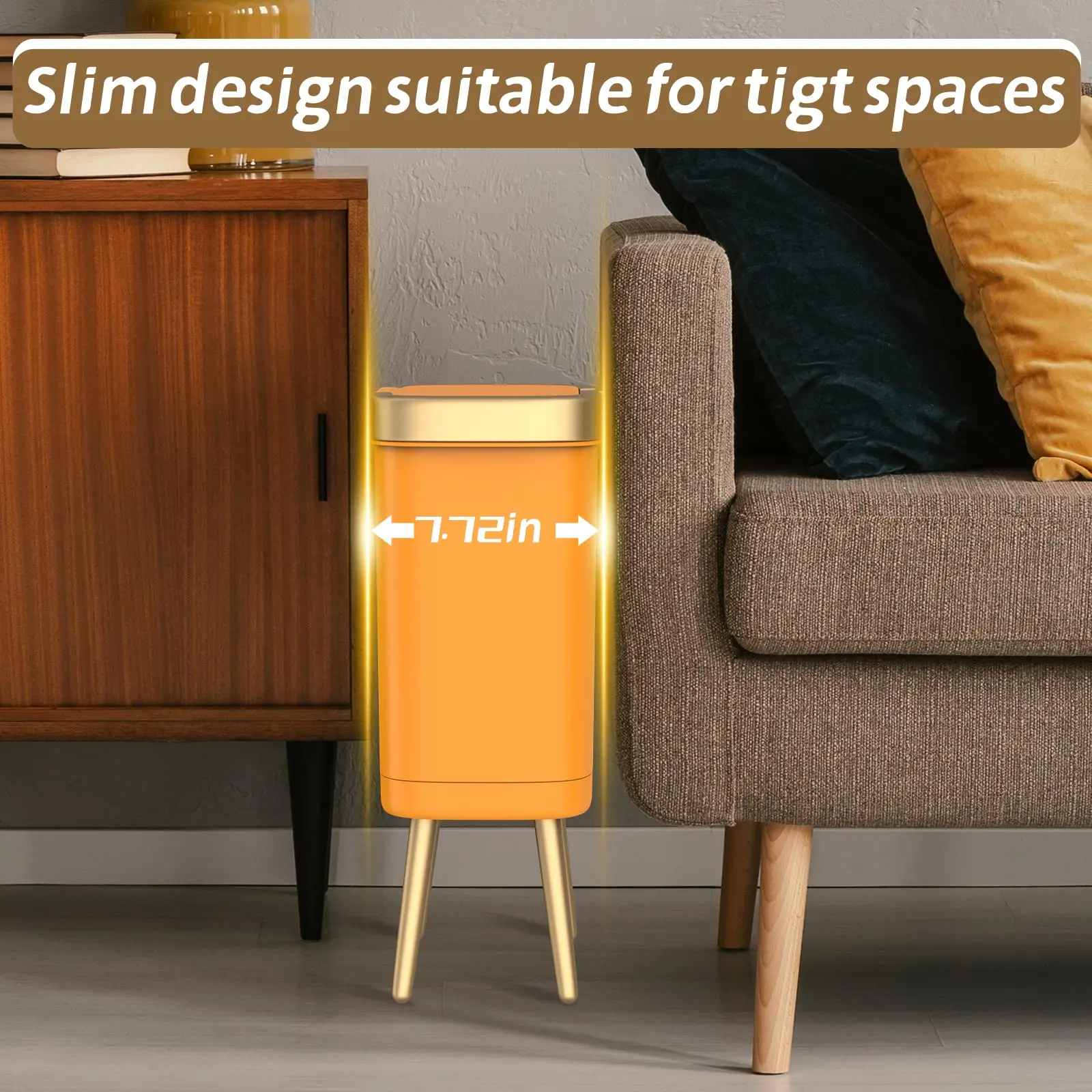 Bedroom Trash Can with Lid,Slim Bathroom Cans Lids, Dog Proof Press Top Lid,Modern Gold Plastic Waste Basket for Office,Kitchen