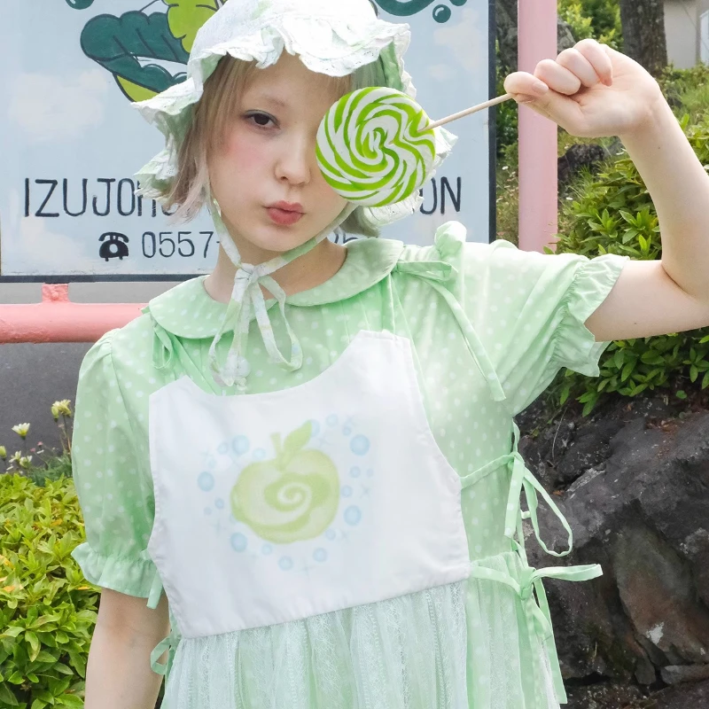 2025 New Spring And Summer Women's Fake Two-piece Long Dress Cute Doll Collar Green Polka Dot Japanese Sweet Thin Ladies Dresses