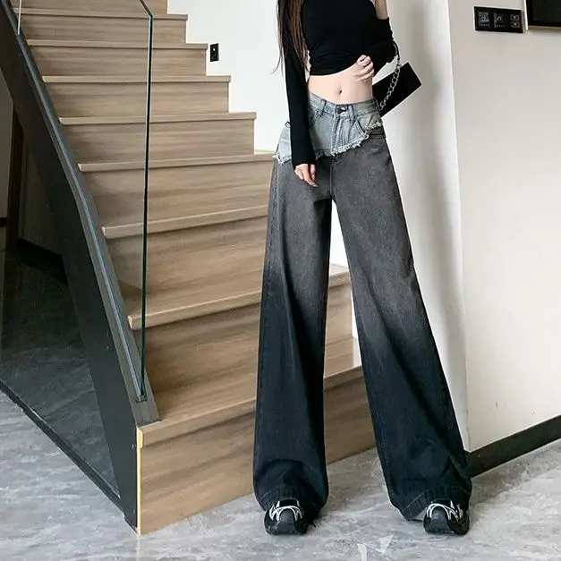 Autumn Winter New Female American Gradient Tie-Dyed Wide-Leg Jeans Loose Slim Street Wind Waist Trousers Drooping