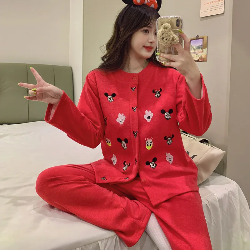 

Mickey & Minnie Embroidery Red Knit Women Cardigan Pajama Set Festive Casual Soft Breathable Loungewear Sleepwear for New Year