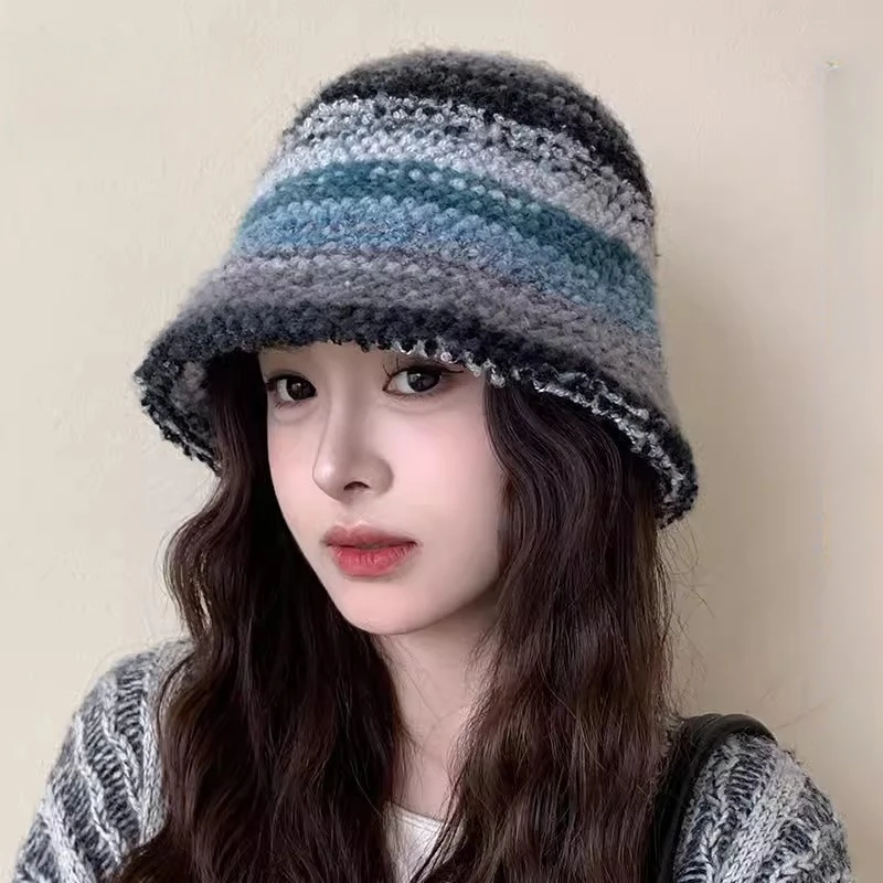 Autumn Winter Warm Hat for Women Colourful Knitted Cap Girls Dopamine Warm Fisherman's Hat Star Model Thickened Bucket Hat