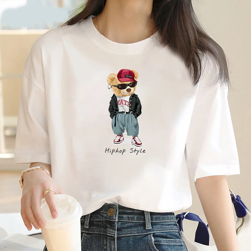 T-shirt donna 2024HIPHOP Bear Print t-shirt Y2K Cartoon Print abbigliamento Fashion Graphic t-shirt Top Ladies Print t-shirt donna