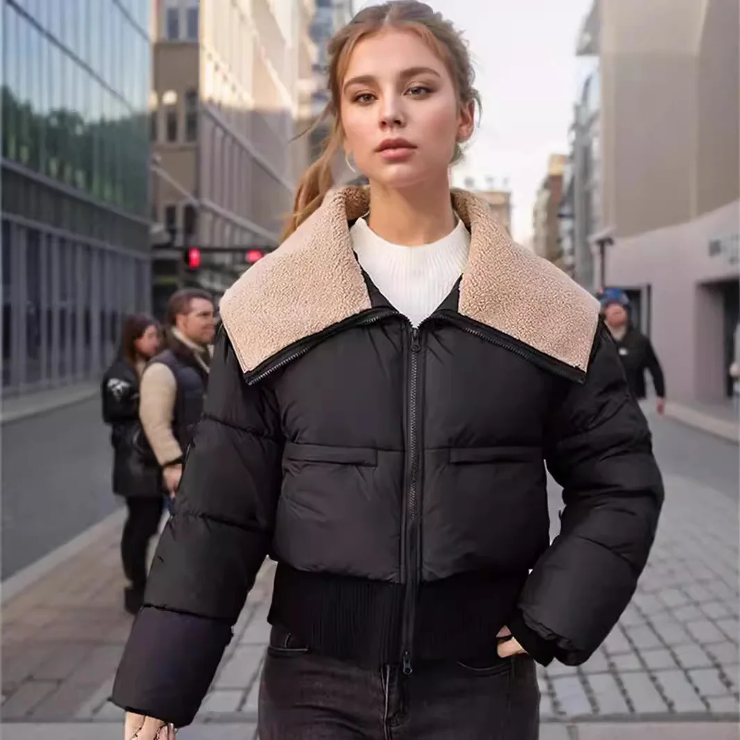 Katoenen Jas Met Hoge Taille Voor Dames, Winter 2024 Nieuw Item, Lamswol Grote Kraag, Dikke Tailleband