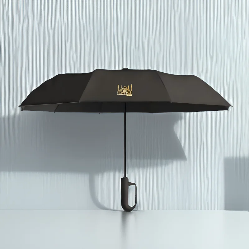1pc Stylish Black Automatic Umbrella City Logo in Gold, One-Touch Open/Close Mechanism, Ergonomic Handle, Compact  & Portable