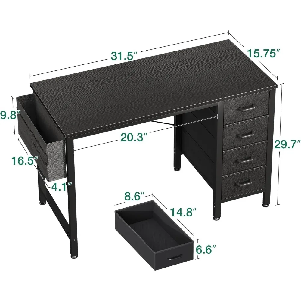 4つのファブリック引き出し、収納、サイドフック付きの32インチコンパクトコンピューターデスク、モダンスタイルのホームオフィスデスク