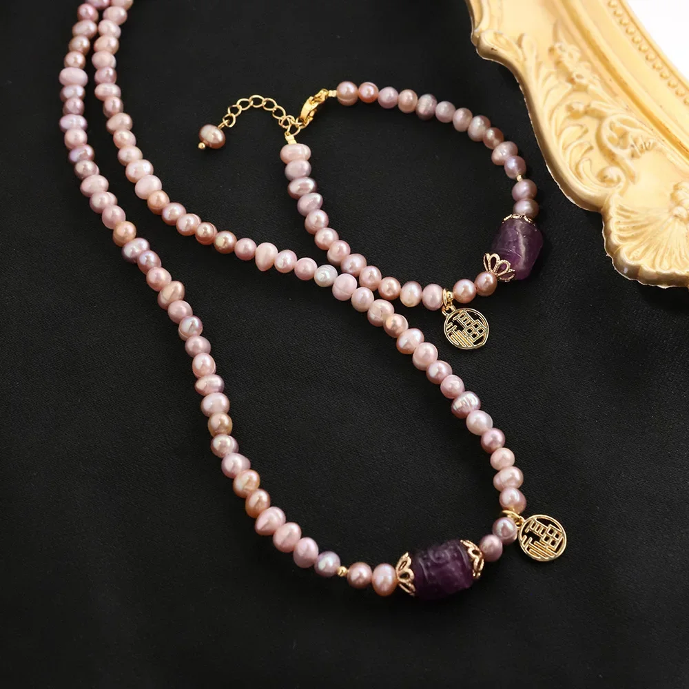 Fashion Freshwater Pearl Necklace Bracelet Set Purple Crystal Stone FU Pendant Choker Women Fashion Jewelry Collar Luxury Gift