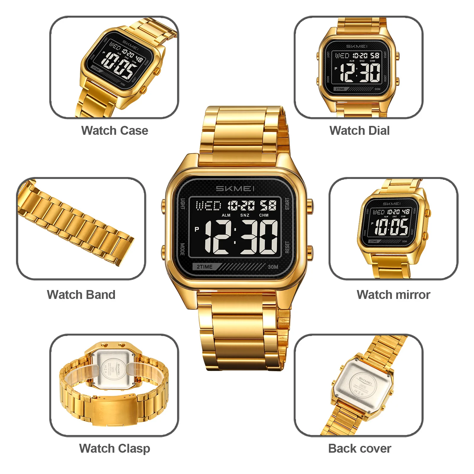 SKMEI 럭셔리 비즈니스 남성 디지털 시계 스테인레스 스틸 카운트다운 스톱워치 손목 시계 패션 전자 운동 시계 2478