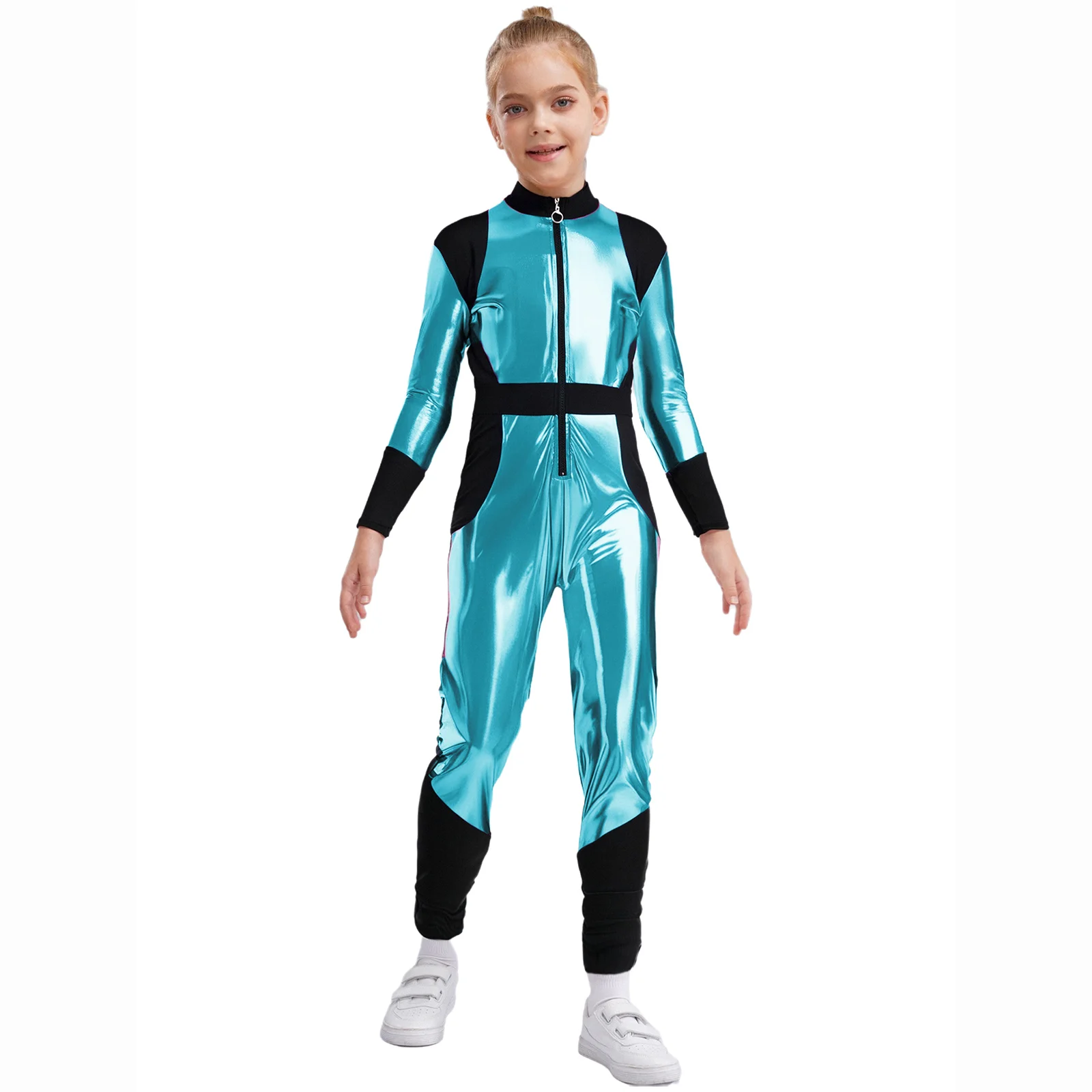 

Girls Halloween Astronaut Alien Cosplay Party Costume Long Sleeves High Waist Shiny Metallic Zipper Jumpsuit Athletic Bodysuit