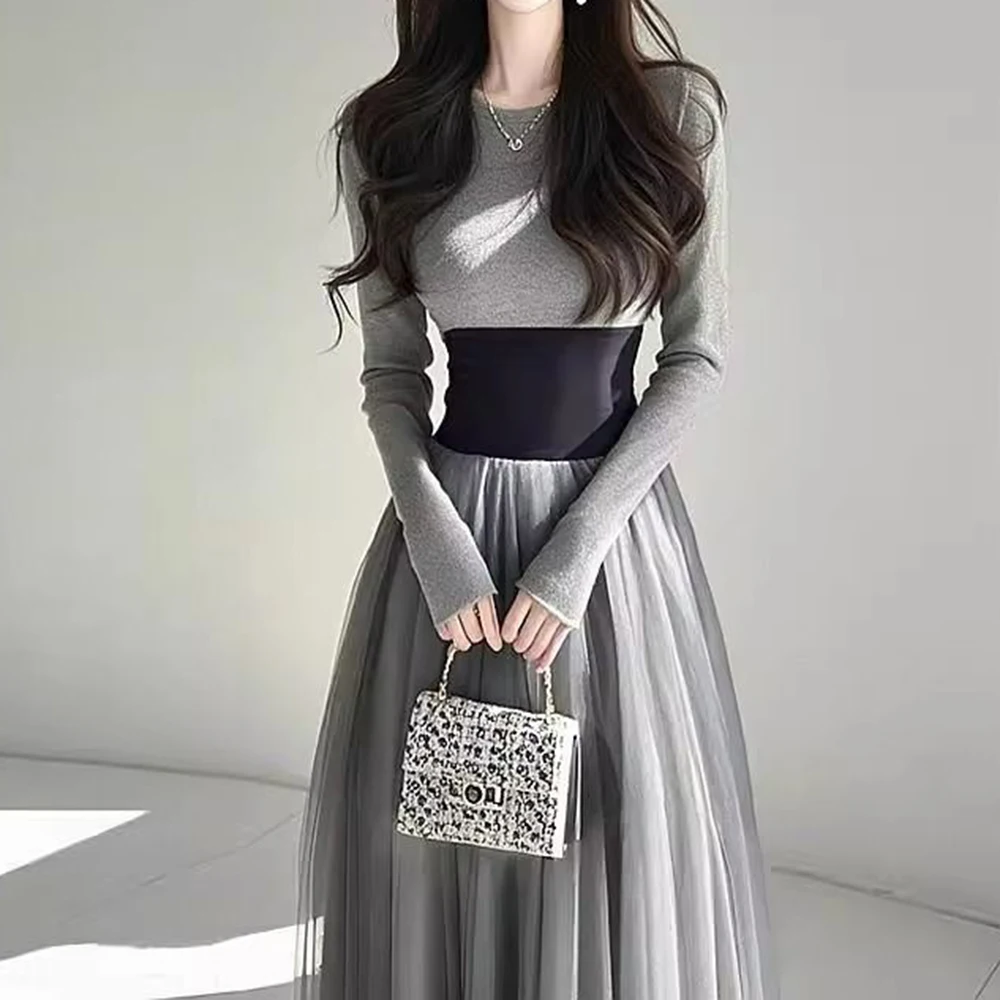 

French rich daughter high-end sense wear celebrity fragrance gray and black contrasting color dress 2025 spring