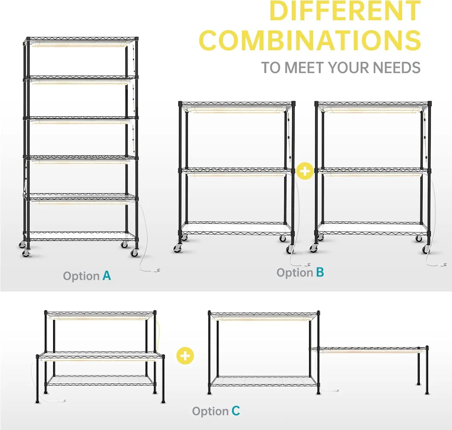 DIY Plant Shelf with Grow Lights, Grow Light Shelf with Adjustable Rack and Wheels, Plant Stand, 8-Pack