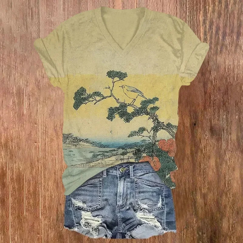 Fotografia 6: Camiseta vintage Morning Sun Chickadee View com estampa de manga curta e decote em V, camisetas femininas de verão