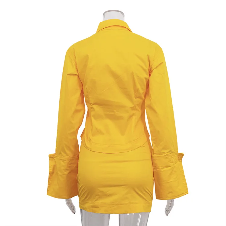 エレガントなイエローコットン女性用ツーピーススカートセット、ファッション長袖ポケット付きシングルブレストシャツ＋スリムミニスカートセットアップ