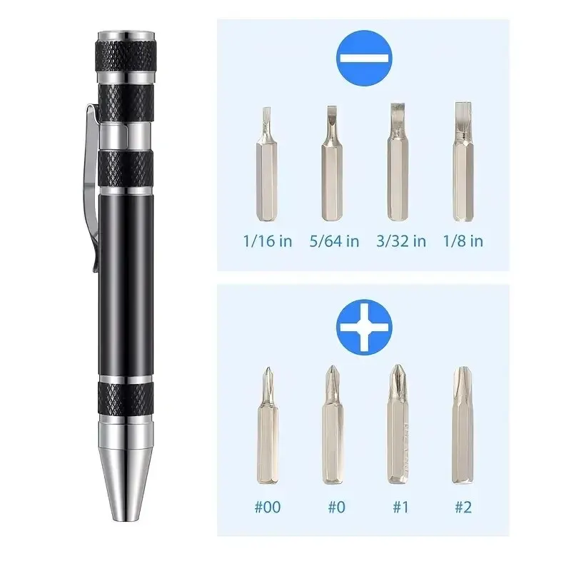 8-in-1-Schraubendreherstift aus Aluminiumlegierung – austauschbare Bits für einfache Reparaturen und Demontage