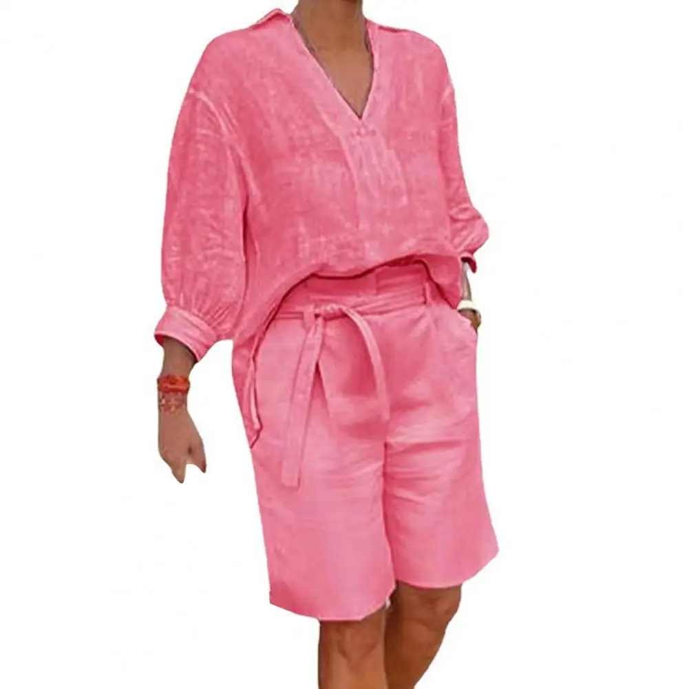 Fashion Two Piece Outfit Women’s Cotton Linen Two Piece Outfit V-neck Half Sleeve Shirt Belted Wide Leg Shorts Summer Set