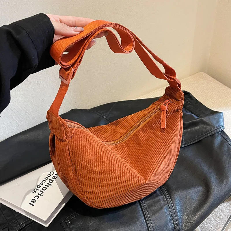 Hobo Bag Corduroy Dumpling Style Bags for Women New Lightweight Casual Solid Color Zipper Shoulder Crossbody Bag Trend All-match