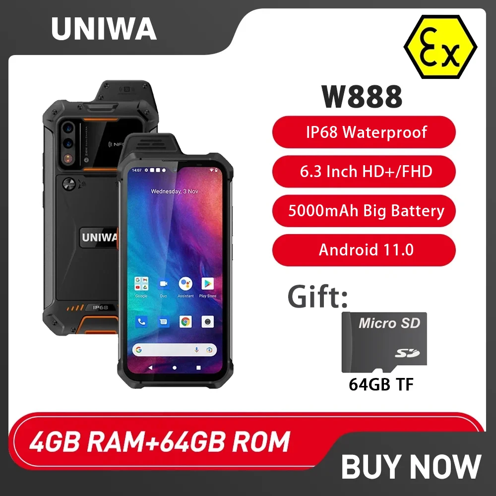 

Global UNIWA W888 ATEX Explosion IP68 Rugged Phone 6.3 Inch HD+/FHD 4GB+64GB 5000mAh Walkie Talkie PTT Smartphone Andriod 11 NFC