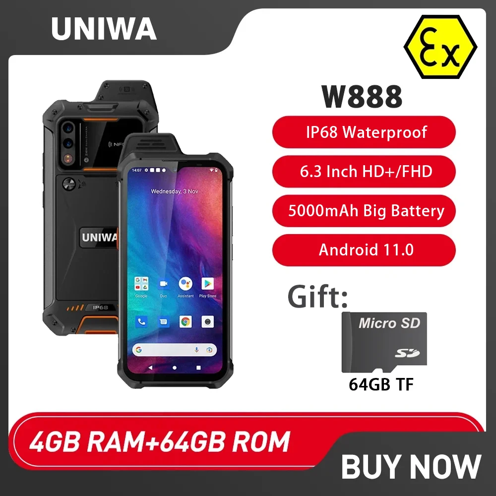 UNIWA-teléfono inteligente W888 ATEX a prueba de agua, walkie-talkie PTT, 4GB + 64GB, 5000mAh, Android 11, NFC