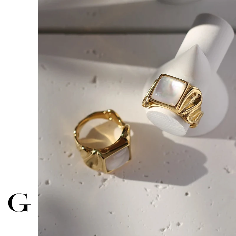 GHIDBK Unique Designer Irregular Stainless Steel Shell Rings For Women Square Gold Color Uneven Street Style Wide Ring Trendy