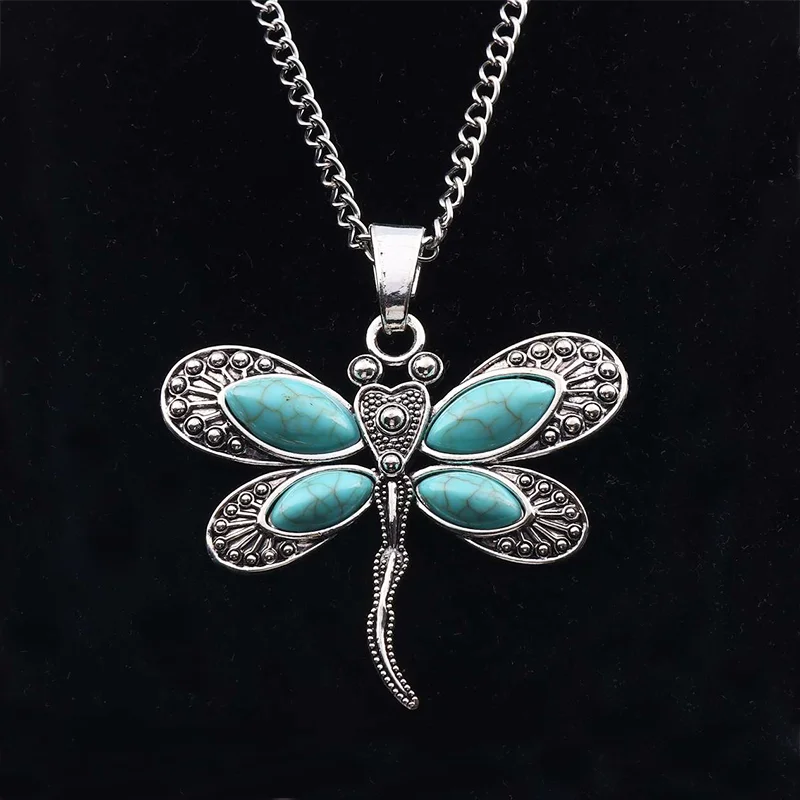1 x Tibetan Silver Imitation Turquoises & Faux Stone Dragonfly Pendant Necklace Jewelry on Long Link Chain Lagenlook 34