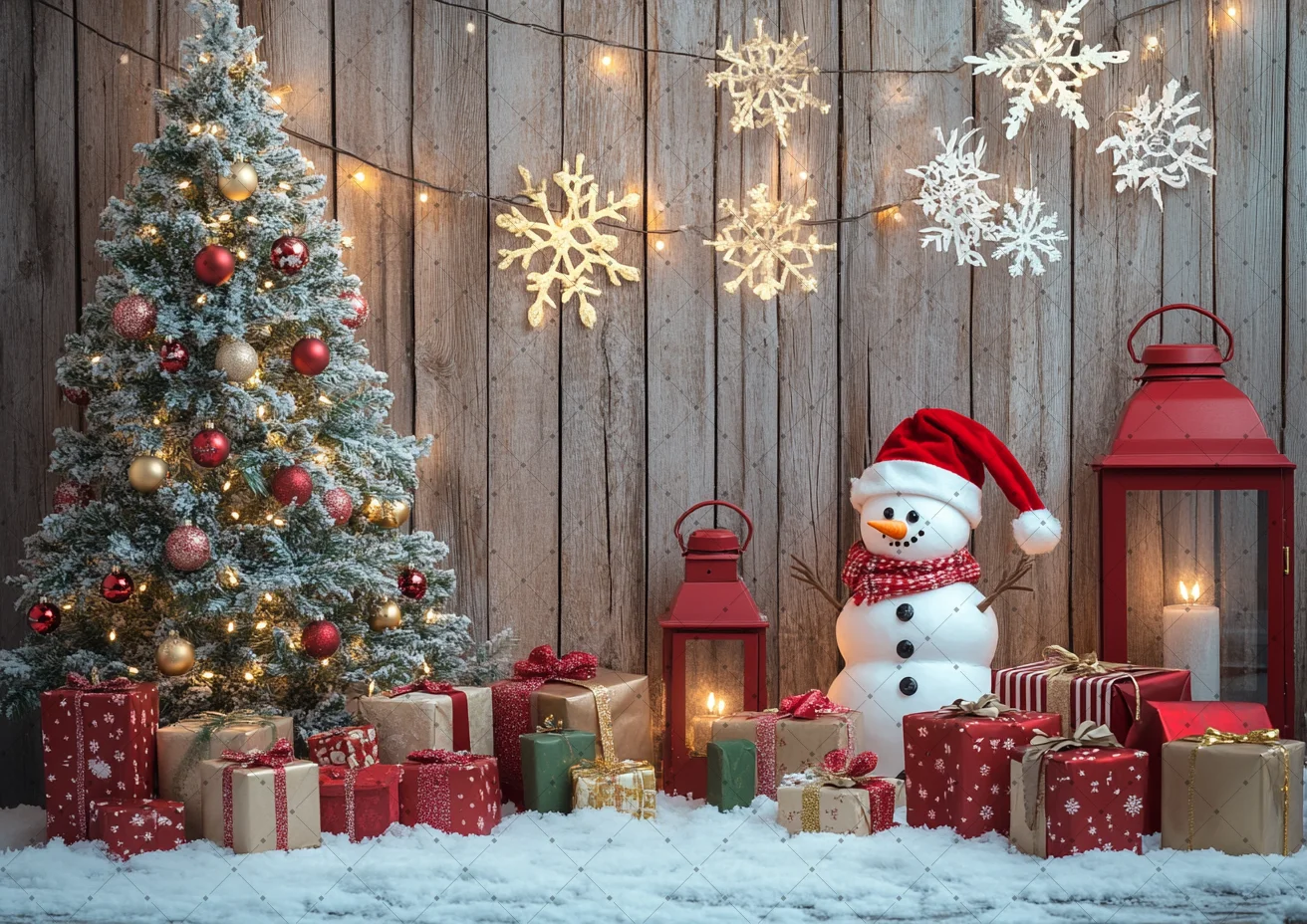 Rustic Wood Christmas Snowman Pine Tree Red Lantern Gift Snowflake Photo Backdrop Holiday Portrait Studio Shooting Fabric Cloth