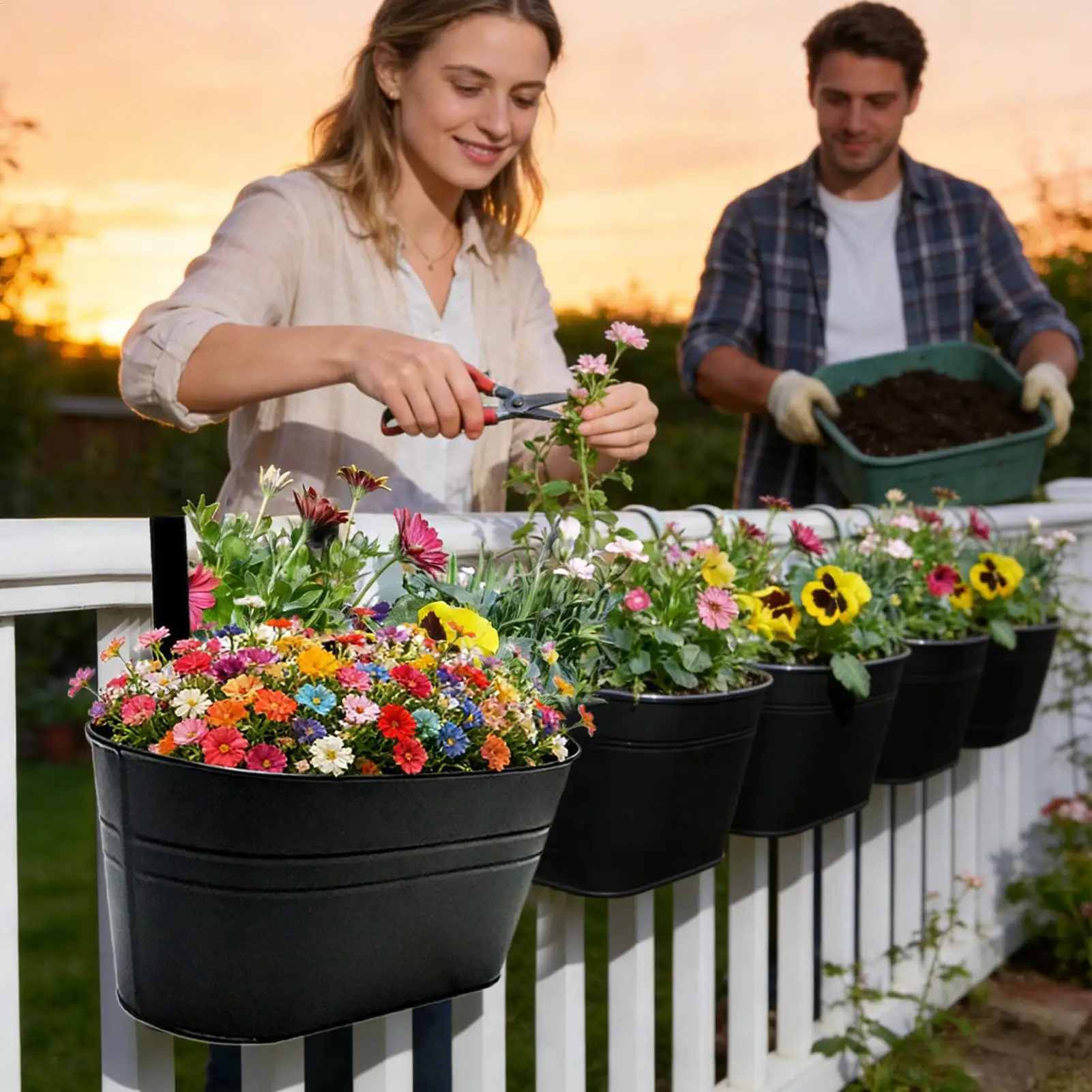 

Metal Hanging Flower Pots For Railing Fence Hanging Bucket Pot Countryside Style Window Flower Plant Holder with Detachable Hook