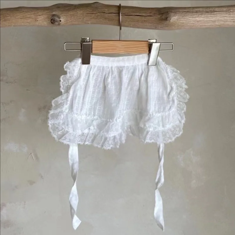 

2026 Summer Baby Girls Skirt Cute Lace Ruffle Apron Cotton Toddler Kids Solid All-match Tutu Infant Lace-up Skirts