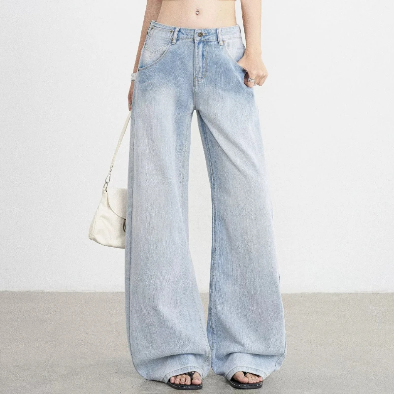 Soft Light Blue Wide Straight Denim Trousers with Adjustable Buckle Back Detail At Waist Design Roomy Fashion Daily Casual Jeans
