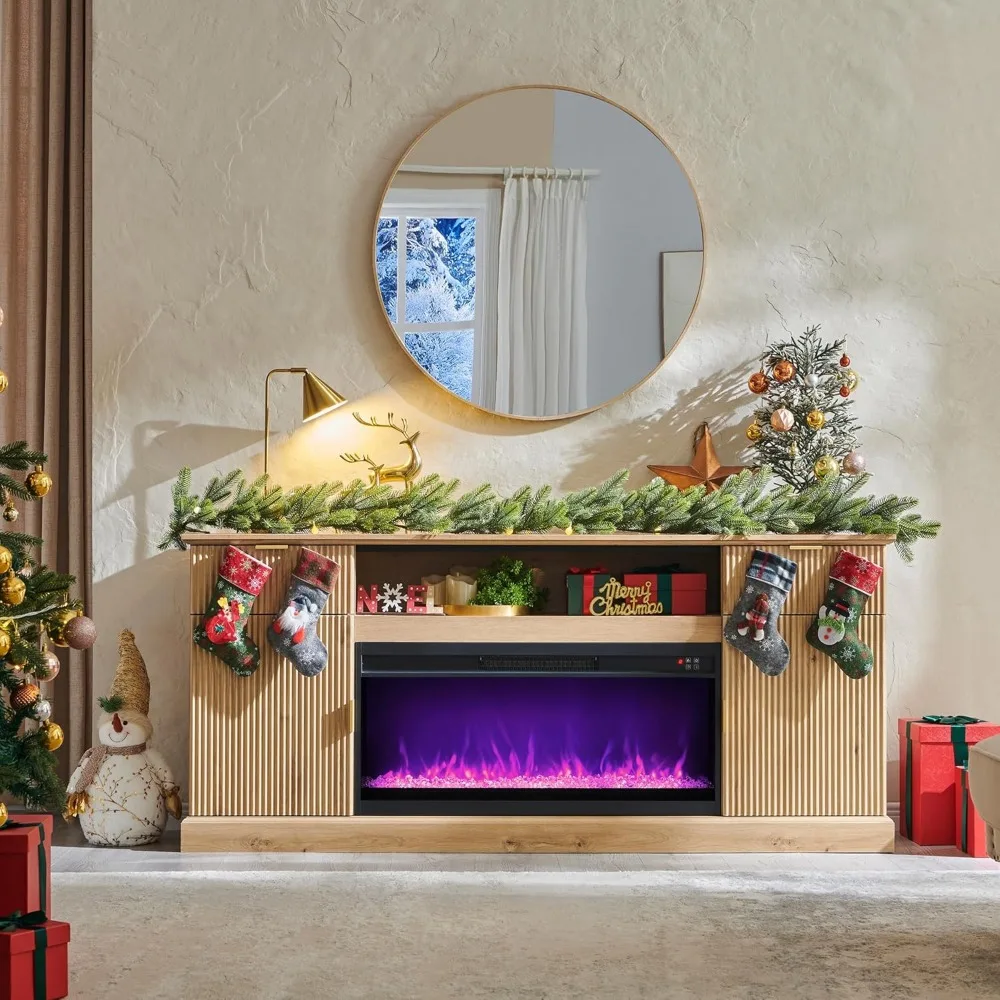 Modern 80 TV Stand with Built-in 36 Electric Fireplace, Wood Media Console for Entertainment