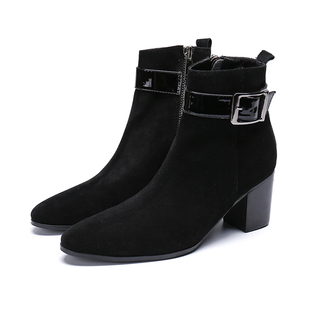 

Black Nylon Thick High Heels Pointed Toe Zipper Buckle Boots Male Plus Size British Style Wedding Party Men Dress Shoes