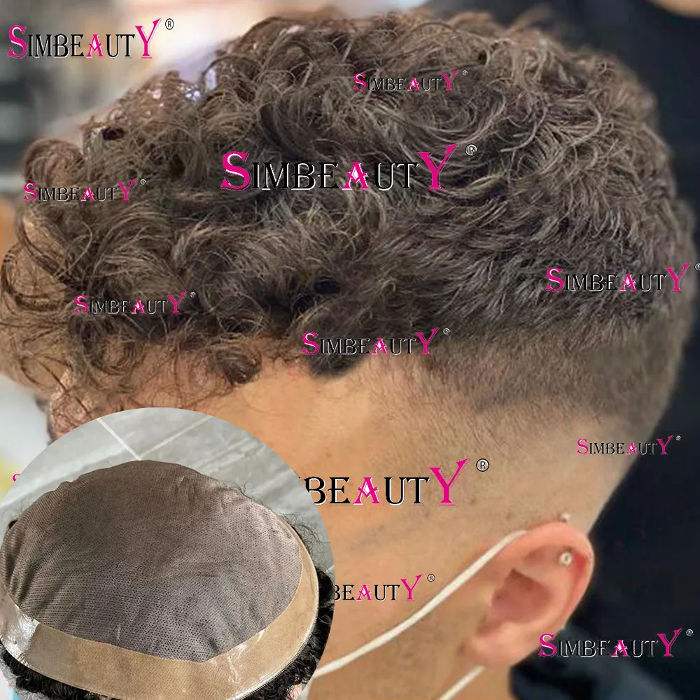 20MM Curly Super Durable Mono Toupee Mens Wigs Brown Black Human Hair  Man Capillary Prosthesis Weave Unit Replacement For Male