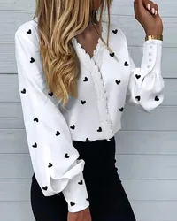 Women Sweet Love Heart Painting Print Long Sleeve White Shirt Fashion Sexy Lace V-Neck Blouse Chic Top Blusa Femininas Elegantes