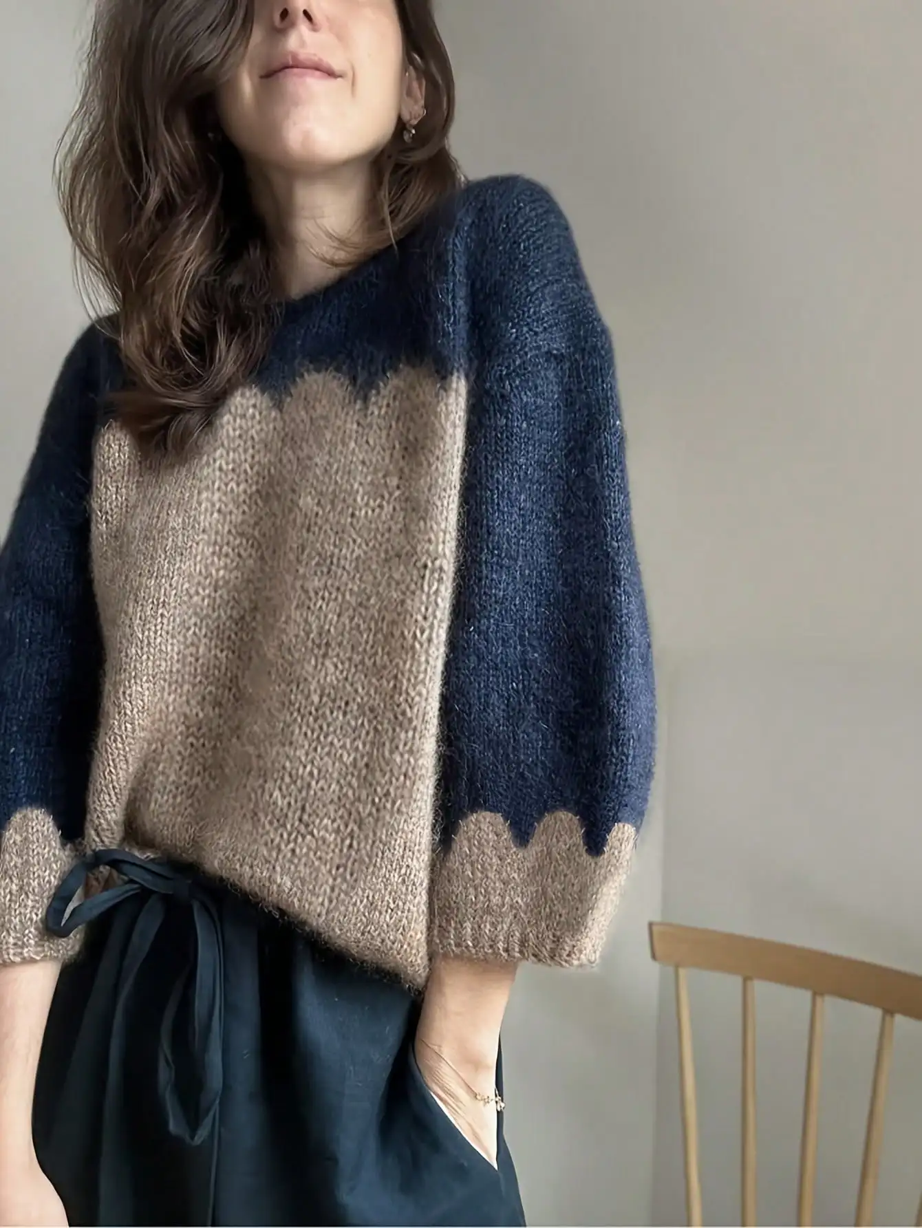 Women's Color Block Knit Sweater - Deep Blue and Light Brown Wave Edge Design with Casual Retro Style | Loose Fit Cozy Pullover
