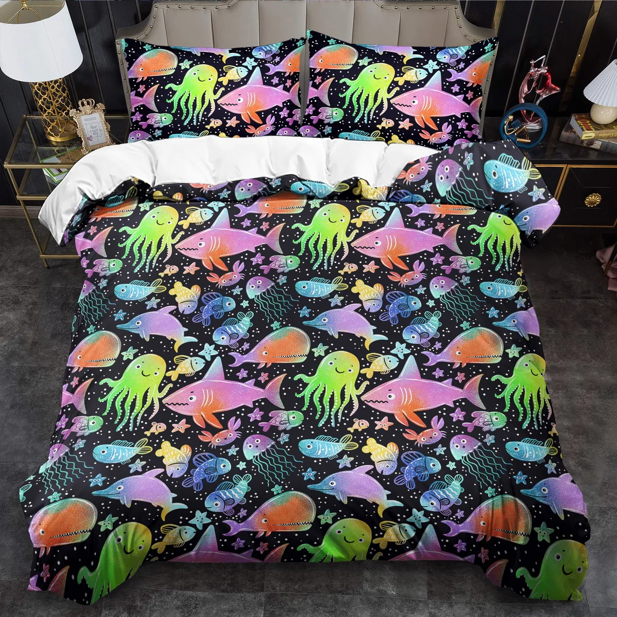 Marine Life Shark Octopus Print Duvet Cover Set Multi Size Quilt Cover Queen Size Bedroom Bedding Decoration Machine Washable Adult Boy Girl