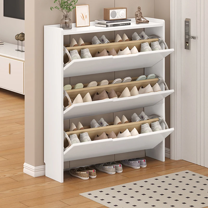 Tipping bucket shoe cabinet Solid wood ultra-thin household door narrow slot storage cabinet